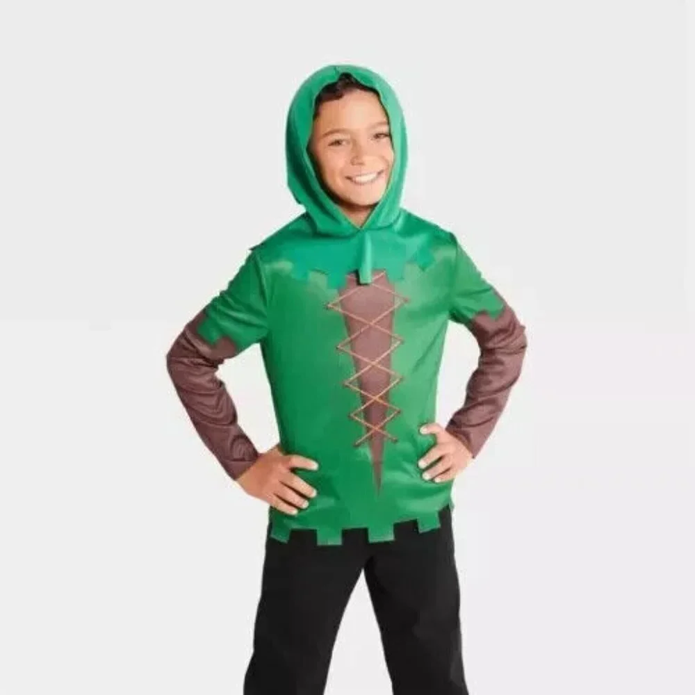 NEW Forest Hunter Halloween Costume Boy Girl Kids Size Large Green Hood Shirt